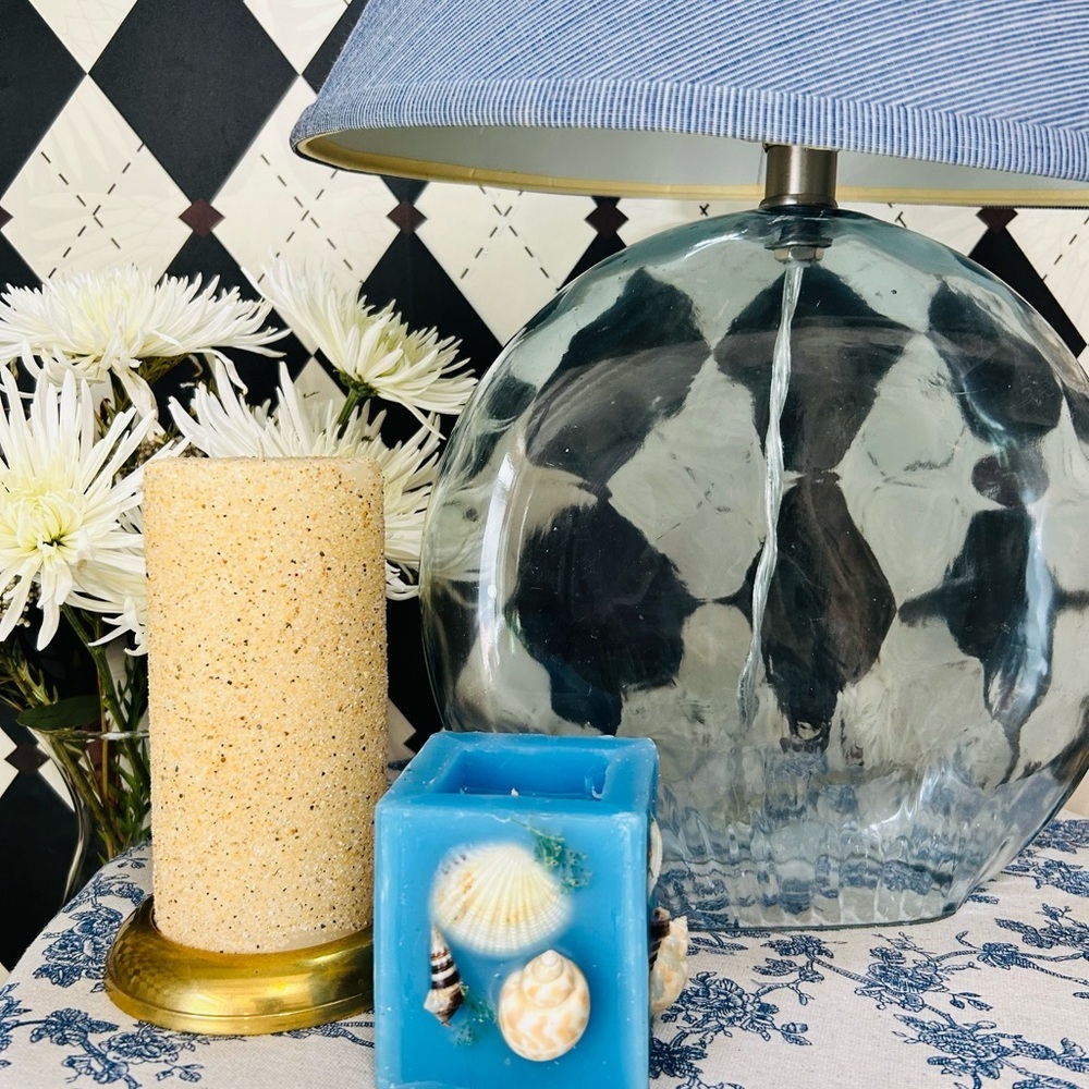 Translucent Light Blue Spherical Table Lamp with Deep Blue Shade– Coastal Luxury
